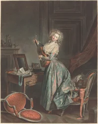 Een vrouw die gitaar speelt, 1788-9, gegraveerd door Jean-François Janinet